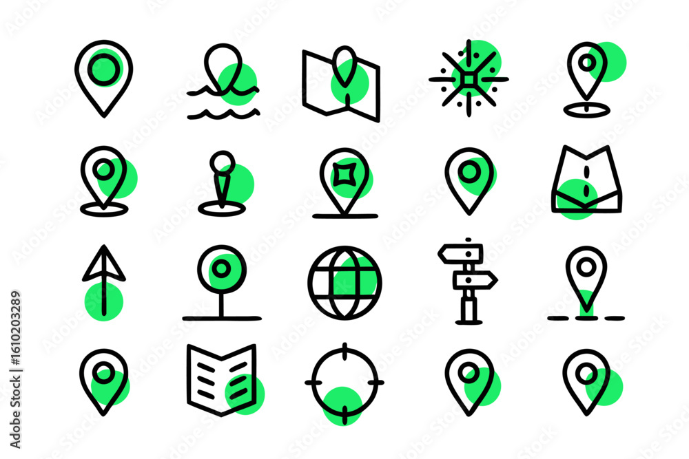 Aufkleber collection of clean line art symbols for mapping location finding and directional guidance presented