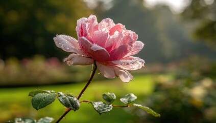 Delicate pink rose with dew drops, bathed in sunlight