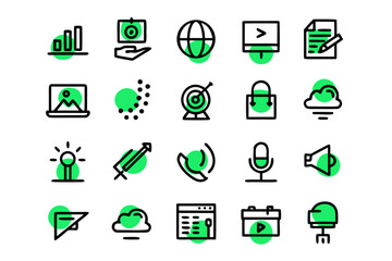 Modern business communication and marketing line art symbols for digital and print projects featuring key industry concepts