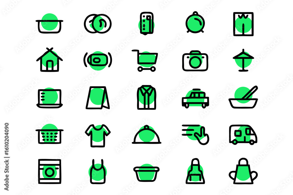 Poster collection of clean outline graphics representing various commerce and retail sections for digital i