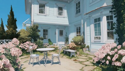 Pastel-colored house with a garden patio.  A light-blue home with a patio featuring a round table and chairs, surrounded by pink flowers and greenery