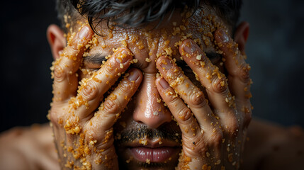 A man covers his face with his hands, his face smeared with fried rice. A health awareness concept highlighting the silent dangers that can arise from food.