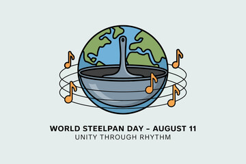 World Steelpan Day greeting card with globe and steelpan, August 11 unity through rhythm, poster, vector design illustration