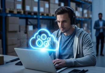 man in a warehouse using a laptop with a glowing cloud computing interface, symbolizing logistics, data management, and digital transformation. Ideal for tech, supply chain, and e-commerce themes.