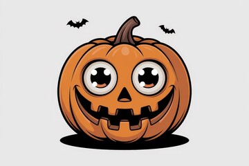 Whimsical cartoon jack o lantern with wide eyes and a grinning mouth and flying bats