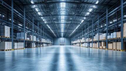 Spacious modern warehouse interior with high industrial shelving, stacked cardboard boxes, pallets on concrete floor, and bright overhead lighting for logistics, storage, and distribution concept
