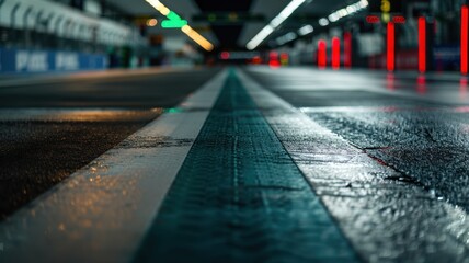 A detailed shot capturing an empty F1 pit lane exit at night, with reflections on the wet surface, highlighting the atmosphere of motorsport readiness.