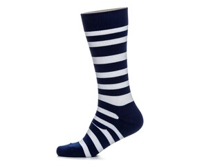 Navy and white striped sock, profile view