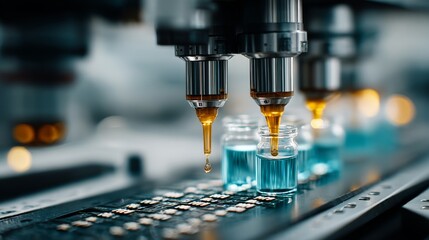 An industrial robot performs precision tasks with small containers of translucent blue liquid,