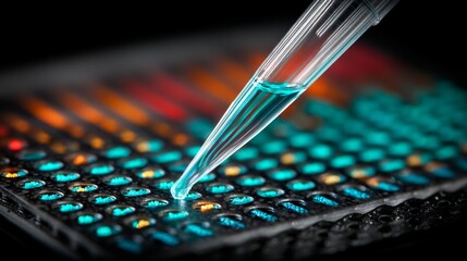Close up of colorful liquids being measured in a pipette onto a test tube in a laboratory setting,