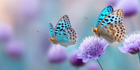 Obraz premium Two vibrant blue and light brown butterflies rest on and around soft purple flowers