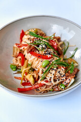 Delicious Stir-Fried Noodles with Colorful Vegetables and Tender Chicken Garnished with Sesame Seeds for a Flavorful Culinary Delight