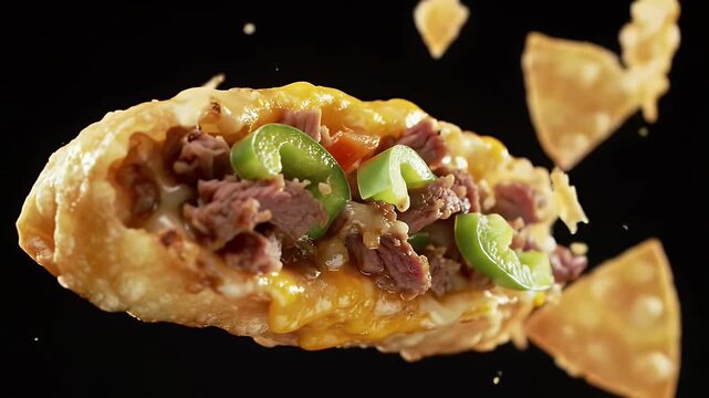 Close Up Cheesesteak Egg Roll with Sliced Green Peppers and Melted Cheese over Beef Filling on Dark Backdrop with Golden Lighting and Crisp Texture Detailed Studio Shot