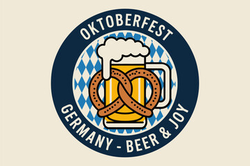 Oktoberfest Germany badge with beer mug and pretzel, blue checkered background, beer and joy, vector greeting card