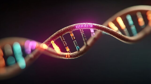 Artistic double helix molecular structure resembling DNA with randomly arranged modules creating a complex pattern symbo