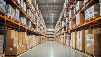 Large industrial warehouse interior with tall metal storage racks and stacks of cardboard boxes in the foreground, showcasing logistics, shipping, and inventory management in a modern distribution fac