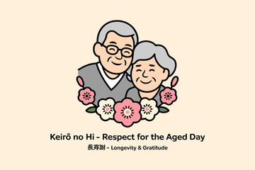 Keiro no Hi poster with smiling grandparents and flowers, Respect for the Aged Day, Japan, longevity wishes, vector illustration