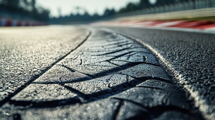 A stunning close-up view of an empty F1 track, showcasing intricate tire marks on the asphalt. Ideal for motorsport enthusiasts and photographers focusing on racing scenes.