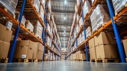 Large industrial warehouse interior with tall metal storage racks and stacks of cardboard boxes in the foreground, showcasing logistics, shipping, and inventory management in a modern distribution fac