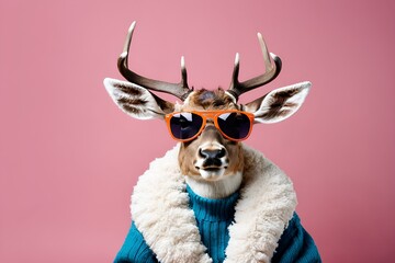 Stylized deer portrait wearing sunglasses and a blue sweater on pink captures a humorous mood.