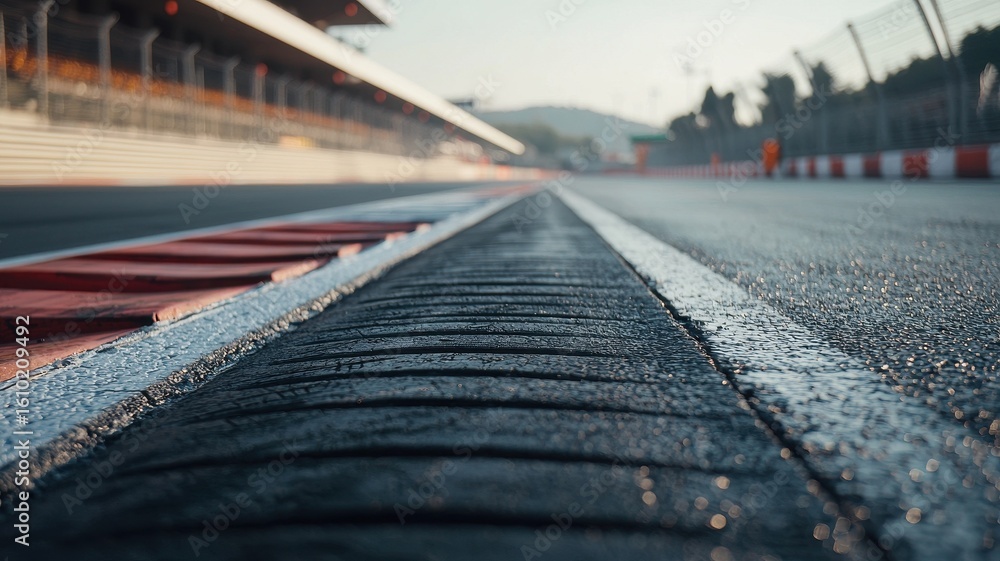 Wall mural this close-up shot captures an empty f1 track, showcasing wet tire marks on the asphalt. the image c