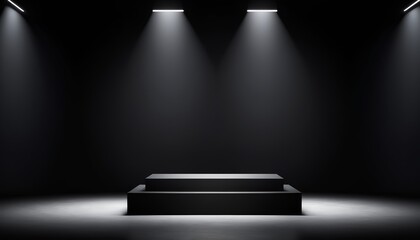 Obraz premium Illuminated stage showcases a two-tiered platform, bathed in striking spotlights and dark backdrop.