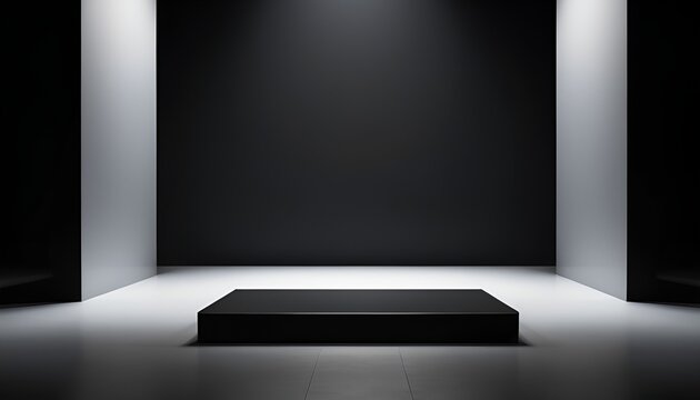 Minimalist black stage set against a gradient background with simple, clean architectural elements.