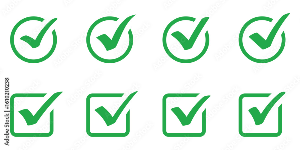 Poster green checkmark vector icon. green checkmark tick icon. green tick in circle and square vector icon.