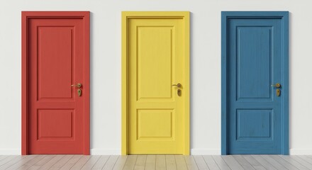 Three colorful doors, red, yellow, and blue, stand side-by-side, inviting viewers to make a choice.