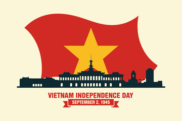 Vietnam Independence Day poster with city skyline and star, September 2, 1945, national celebration, vector illustration