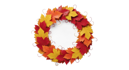 Autumnal leaf wreath, circular design, fall colors, decorative, crafted,  isolated on white background.