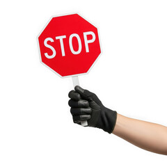 A hand wearing a black glove holds up a bright red stop sign against an isolated transparent background