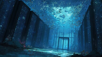 Submerged city, underwater