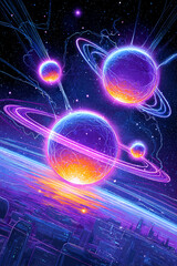 Fototapeta premium 3D futuristic galaxy with neon stars and planets
