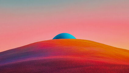 Obraz premium A calm blue dome perched on a mountaintop, against a vibrant pink sky, warm orange grass, and a smooth gradient backdrop,