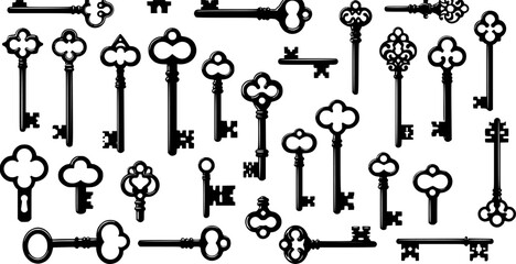 Antique key silhouettes. Medieval and modern keys, black vintage shapes set. Open door symbols, privacy and escape. Abstract tidy vector elements
