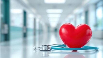Red heart love shape hand exercise ball with doctor physician's stethoscope on hospital background