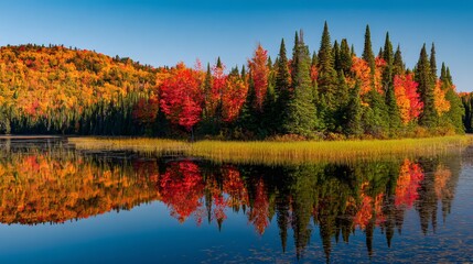 Obraz premium Vibrant autumn foliage reflecting on calm ancient lake surrounded by lush green trees with red, orange, yellow leaves under clear blue sky in peaceful fall landscape.