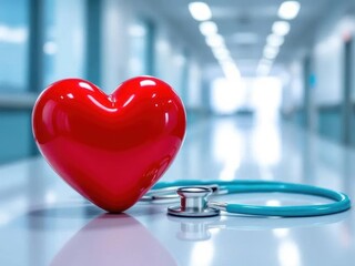 Red heart love shape hand exercise ball with doctor physician's stethoscope on hospital background
