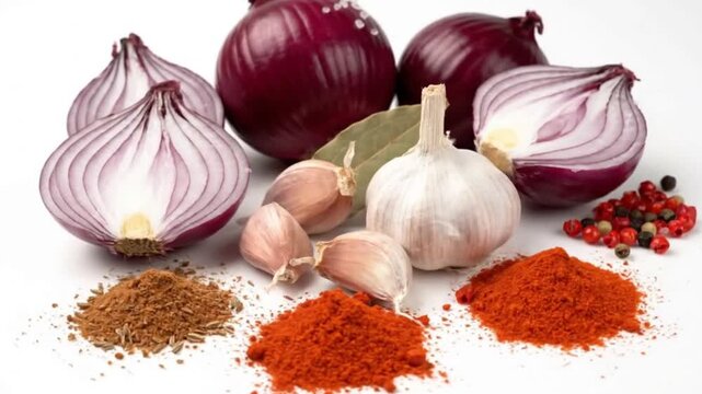 Red onions garlic spices  peppercorns are arranged on a white surface in a studio setting