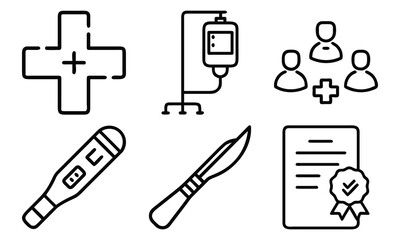 Fototapeta premium Minimal Medical Line Icons Set – Hospital, Surgery, Thermometer, IV Drip, Healthcare Team, and Certification Vector Symbols for Health Apps, Web Design, and Infographics