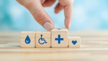 Hand chooses a emoticon icons healthcare medical symbol on wooden block , Healthcare and medical Insurance concept