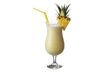 Creamy tropical pineapple cocktail garnished with fresh pineapple slices and a yellow straw