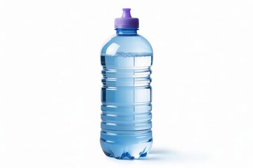 Clear plastic water bottle with blue sport cap on a white background