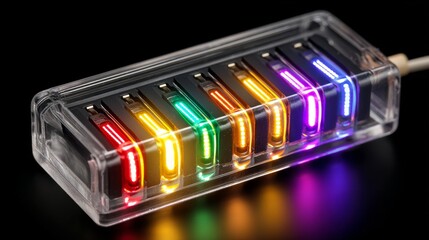 Obraz premium An illuminated LED strip monitor or status indicator with eight LED segments arranged in rows of four displaying various