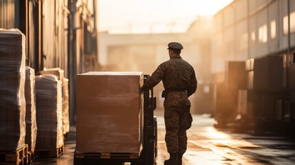 Man in industrial uniform operating forklift to push cargo in modern warehouse facility for logistics, shipping, and inventory management