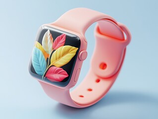 Modern pink smartwatch with a colorful leaf display promotes health and wellness using wearable technology trends
