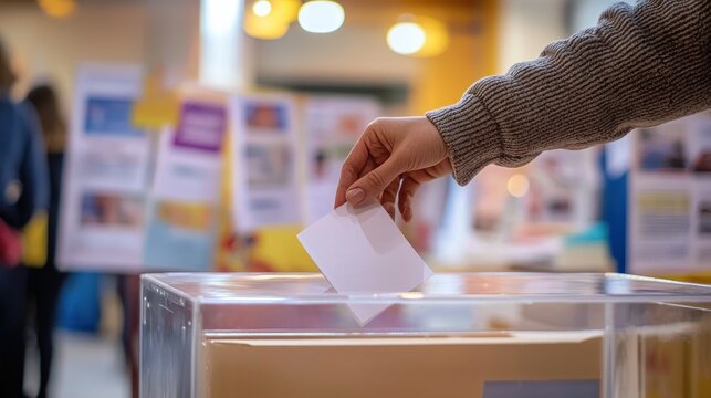 A close-up of a hand placing a ballot paper into a transparent box during a democratic election event held in a community center filled with posters and flyers