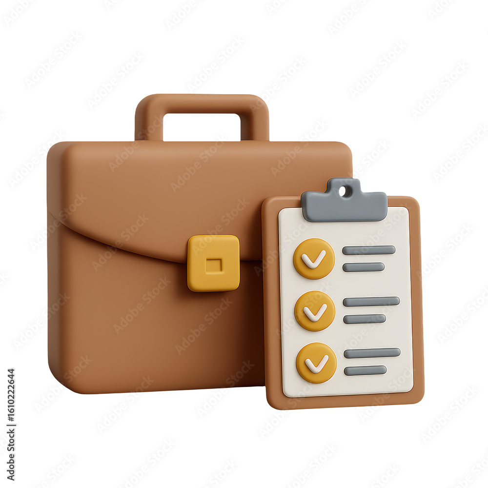 Poster work cooperation and business concept symbol featuring briefcase clipboard with task checklist in mi