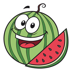 Happy cartoon watermelon character with a slice of watermelon